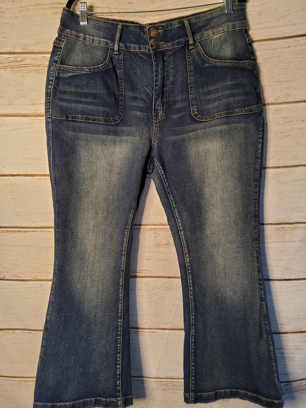 SHEIN PETITE CURVE Skinny Pocket Washed Blue Flare Jeans with Patch Pockets